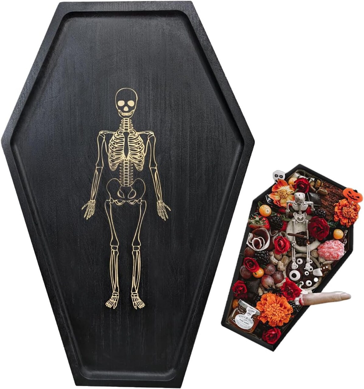 17.8'' Tall Halloween Coffin Charcuterie Boards with Engraved Skeleton Decor - Halloween Serving Trays and Platters Horror Party Decorations, Halloween Food Tray Cheese Dishes Accessories